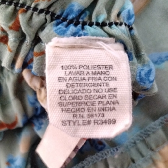 04099 Raga aqua, tan & rust bird print tiered satin strapless maxi dress M - Picture 14 of 14